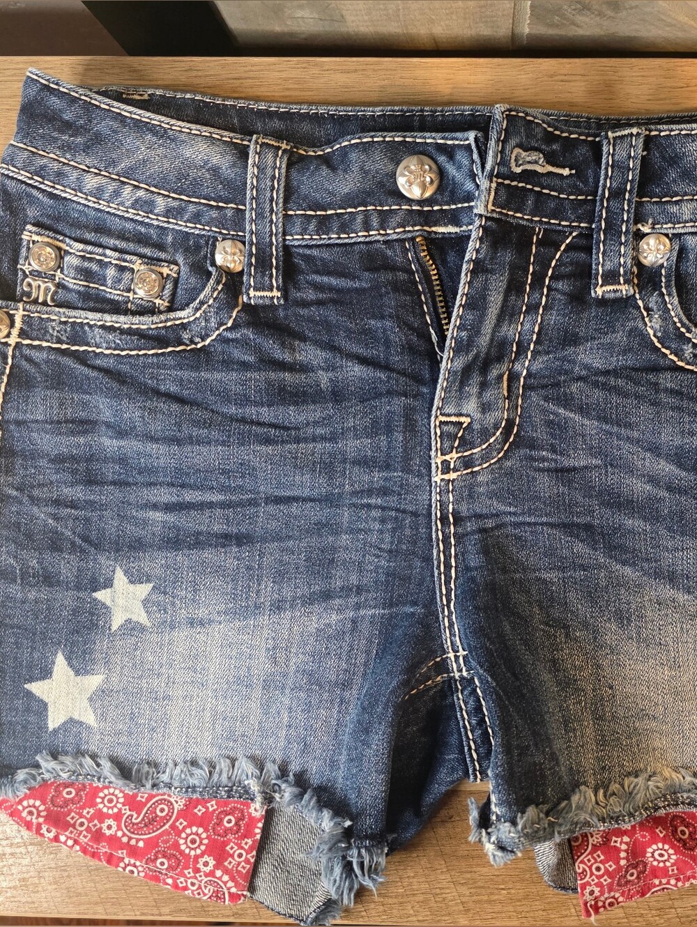 Miss Me Blue Denim Shorts with Star Prints and Red Bandana Trim